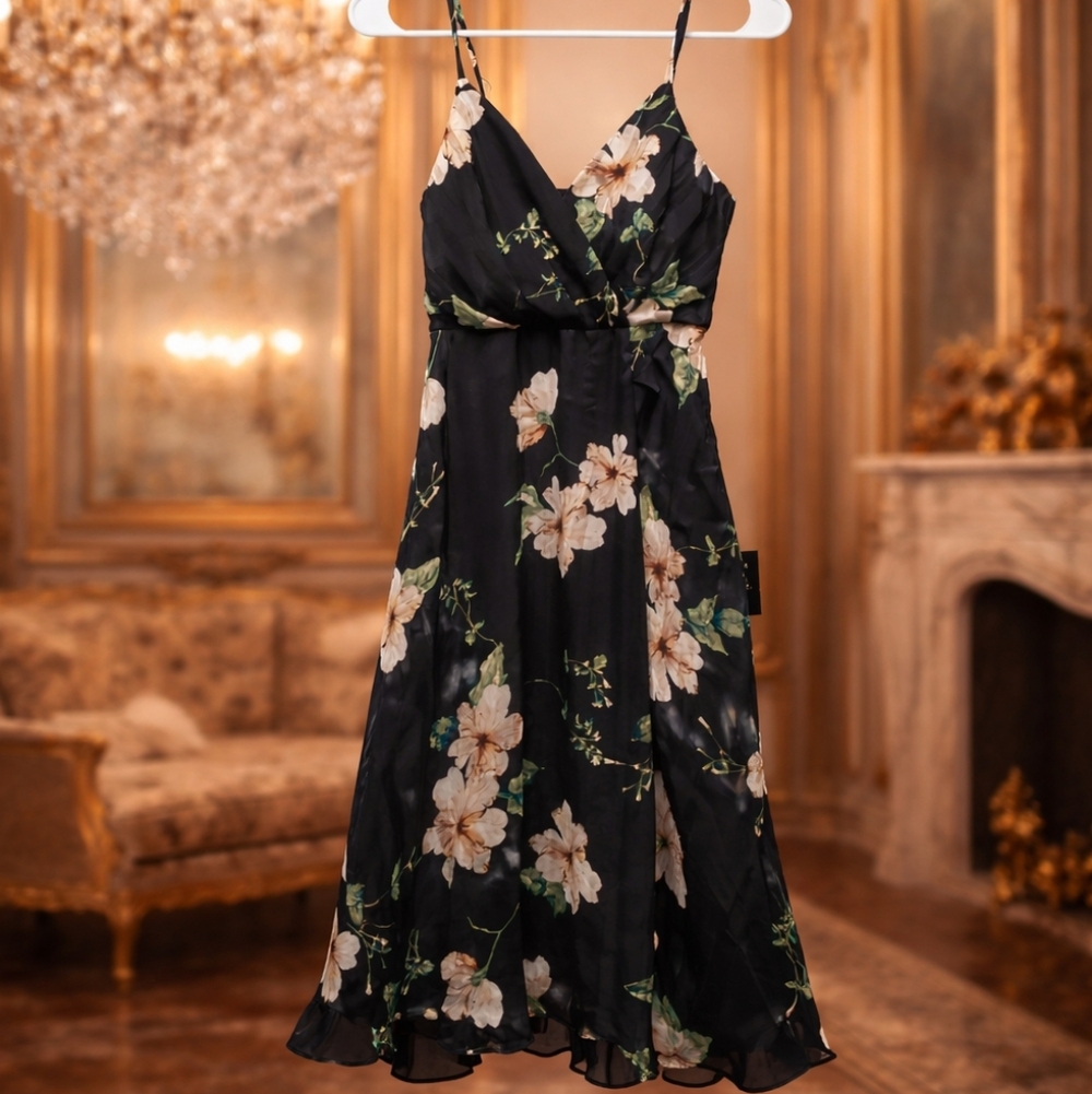 NWT Lulu's XS Black Floral Midi Dress